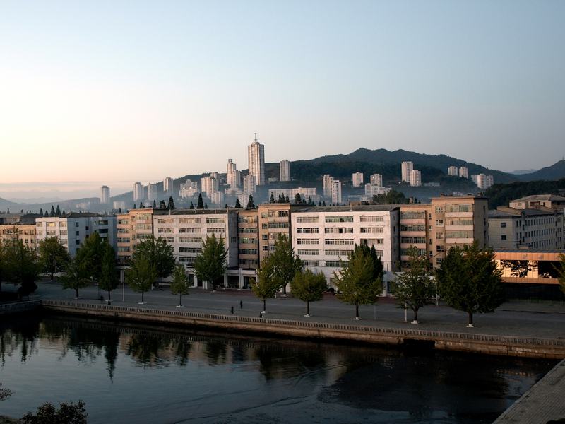 Apartment blocks and hills along the waterfront in Wonsan, North Korea