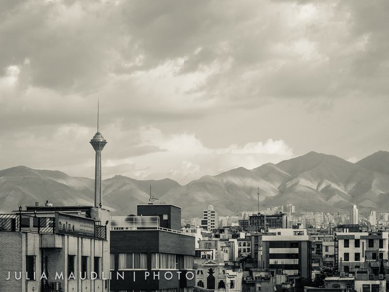 The Tehran skyline with the Milad Tower and the Alborz mountains behind